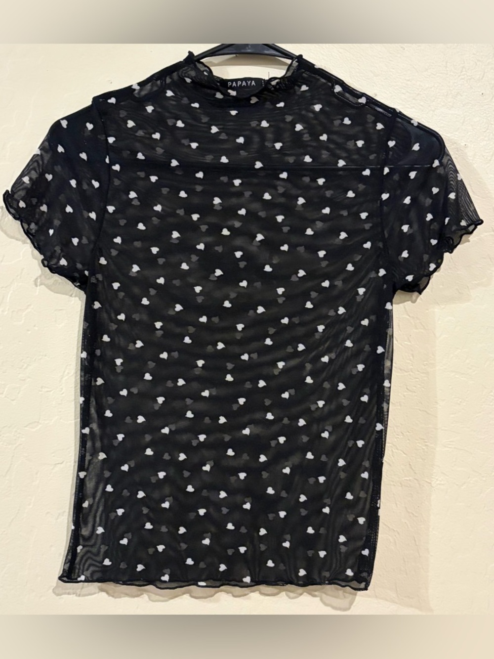 Papaya Sheer Black Mesh Heart Print Top | Y2K Coquette Layering Tee Size Small